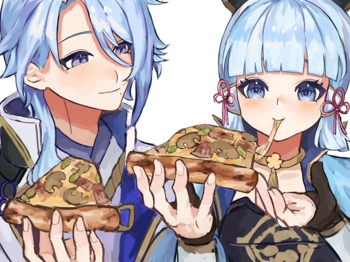 Kamisato Ayaka and Kamisato Ayato eating pizza