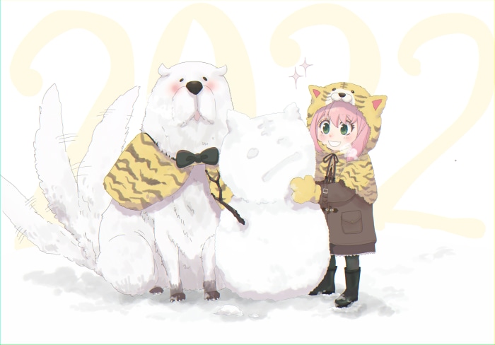 Anya Forger and Bond from Spy X Family building a snowman
