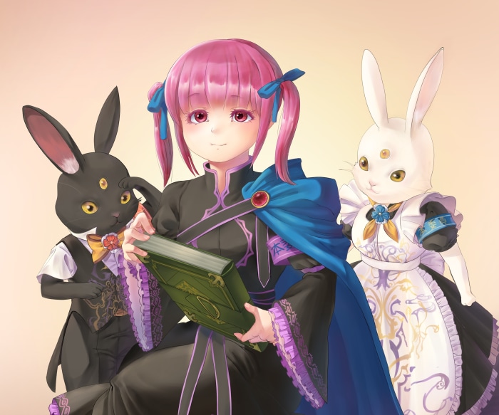 Myne and two rabbit-like creatures with a book