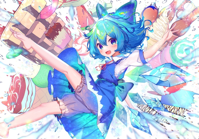 Cirno from Touhou surrounded by sweets and ice crystals