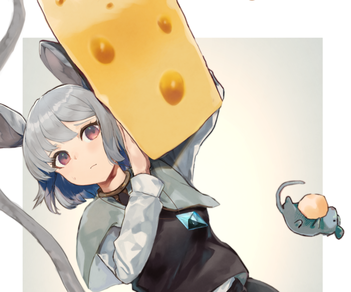 Nazrin from Touhou holding a large piece of cheese