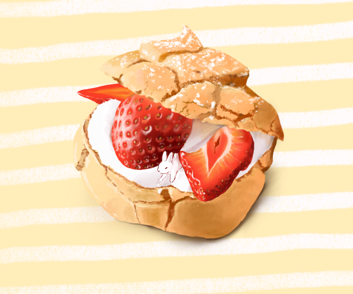 Strawberry cream puff with powdered sugar