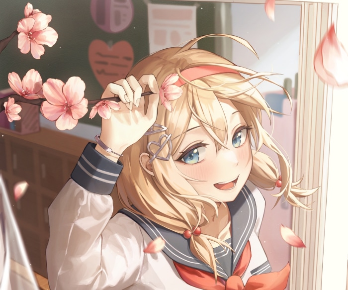 Anime girl with cherry blossoms in school uniform