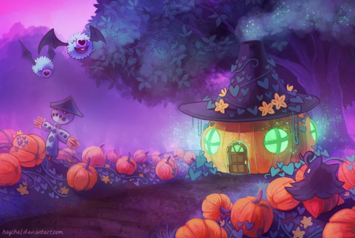 Pumpkaboo and Woobat from Pokémon in a pumpkin patch