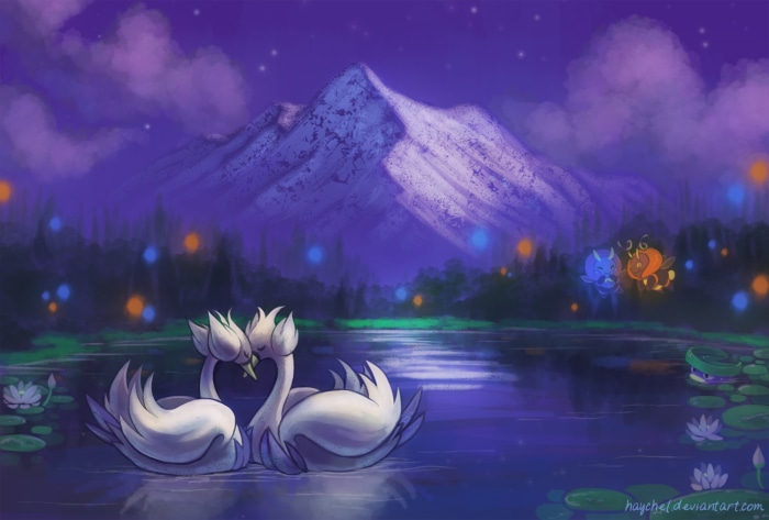 Swanna from Pokémon in a moonlit lake scene