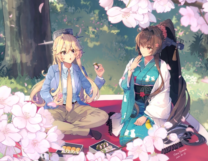 Yamato and Iowa from Kantai Collection having a picnic