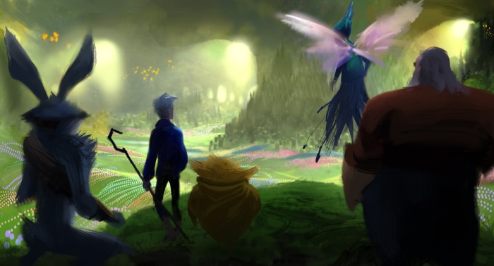 E. Aster Bunnymund, Jack Frost, and Sandman in a magical forest