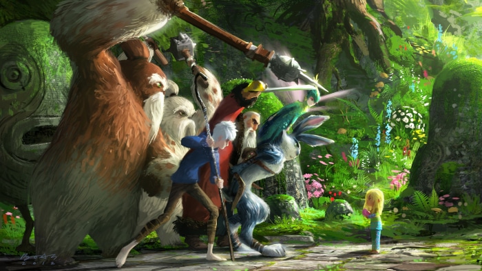 Jack Frost and E. Aster Bunnymund in a forest