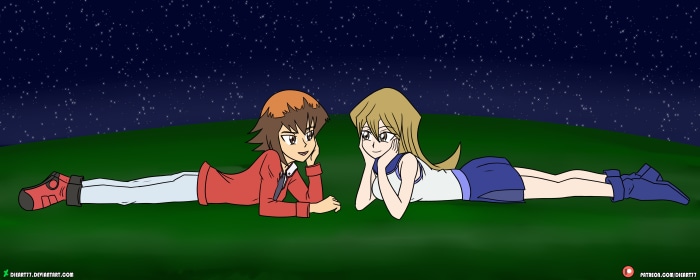 Jaden Yuki and Alexis Rhodes lying on grass under stars