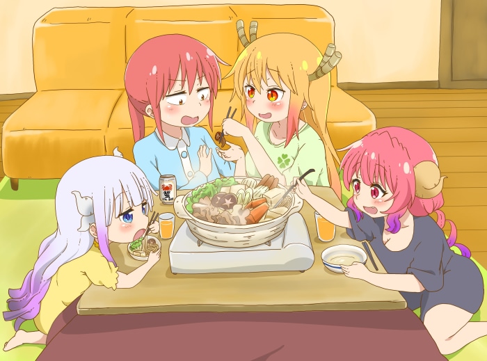 Miss Kobayashi's Dragon Maid characters eating hot pot