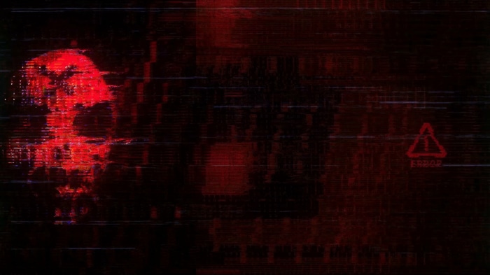 Glitchy red skull with error symbol