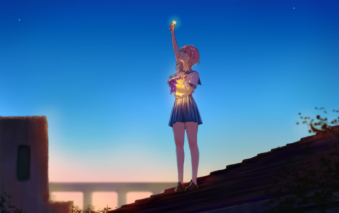 Girl holding stars on a rooftop at dusk