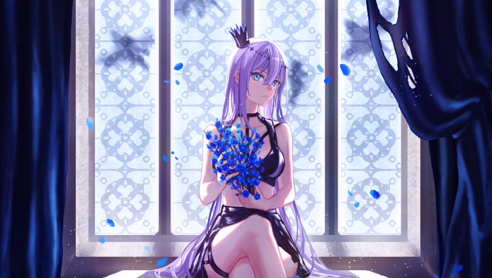 Girl with purple hair holding blue flowers