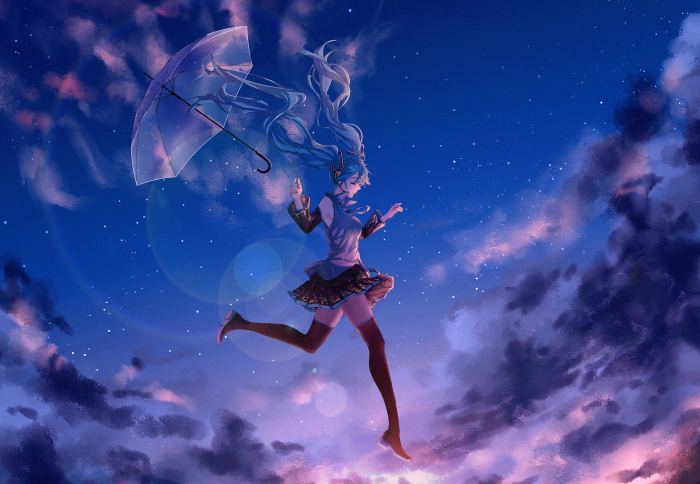Hatsune Miku with Umbrella in Starry Sky