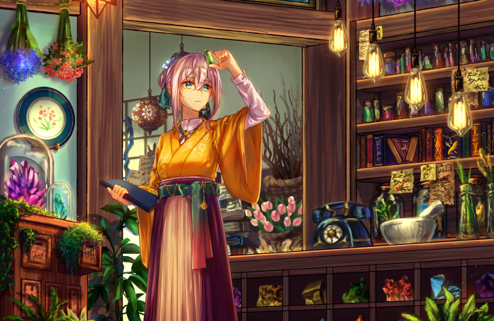 Girl in a magical shop with potions and crystals