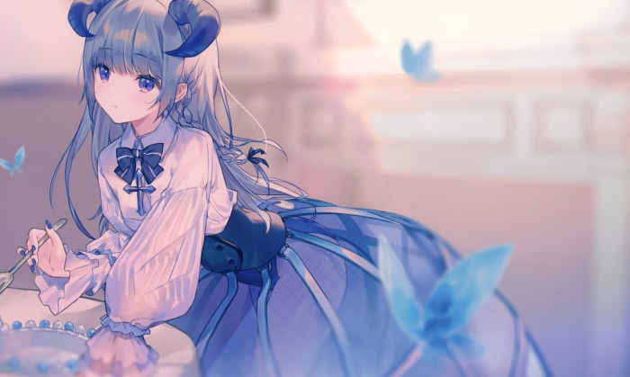 Anime girl with horns and blue dress