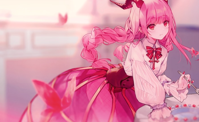 Pink-haired demon girl with horns decorating a cake