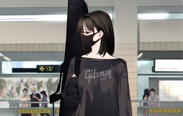 Girl with Gibson guitar case wearing mask