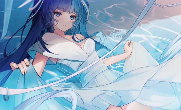 Girl with blue hair in water