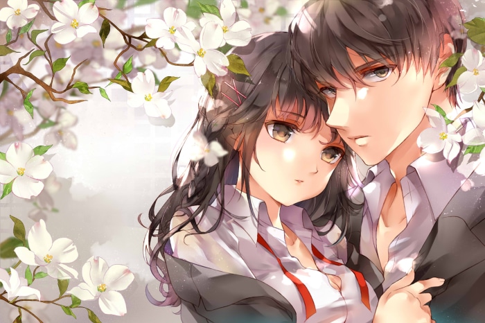 Anime Couple Embracing Under Cherry Blossoms