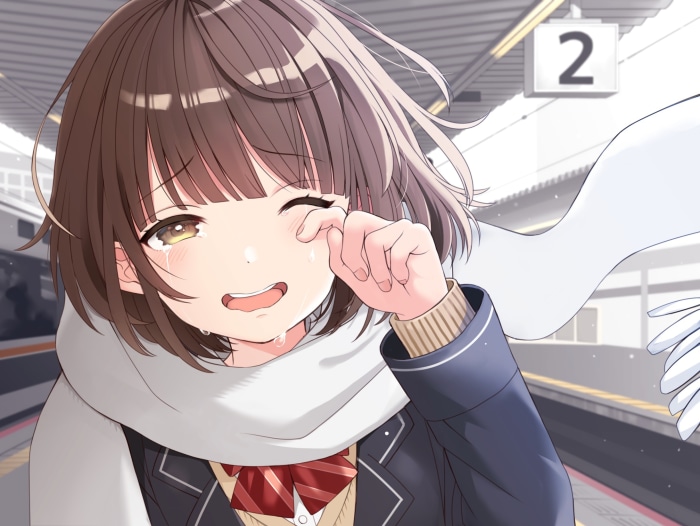 Anime girl crying at train station