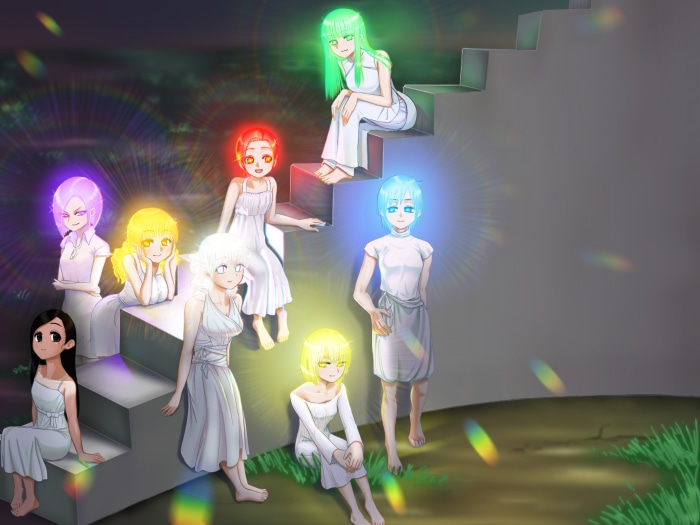 Group of girls with glowing hair on stairs