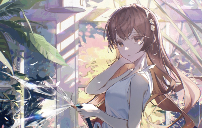 Girl watering plants in a sunlit room