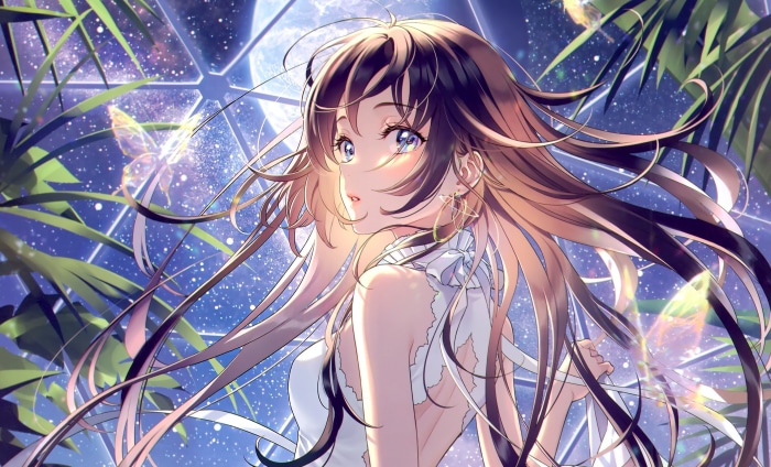 Anime girl with long brown hair in a white dress
