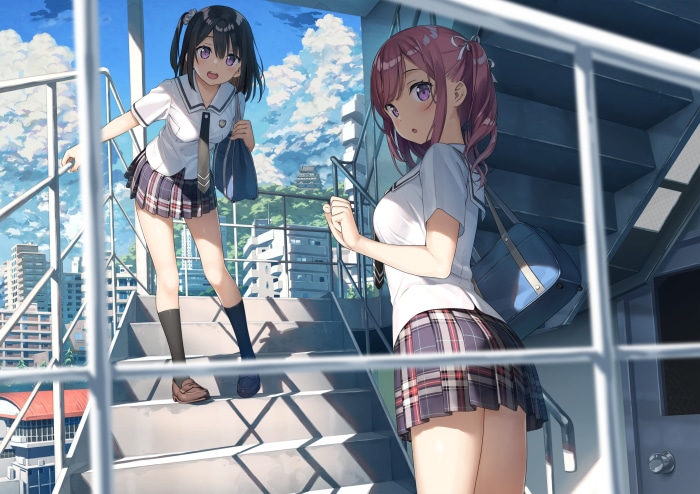 Two schoolgirls on stairs with city background