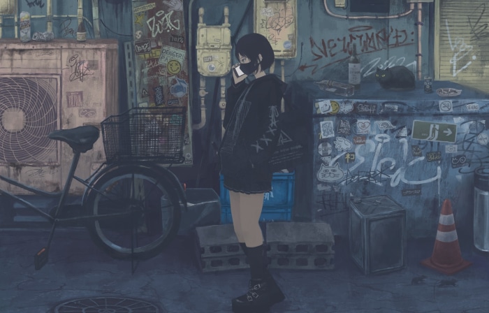 Girl with black hair and mask on phone