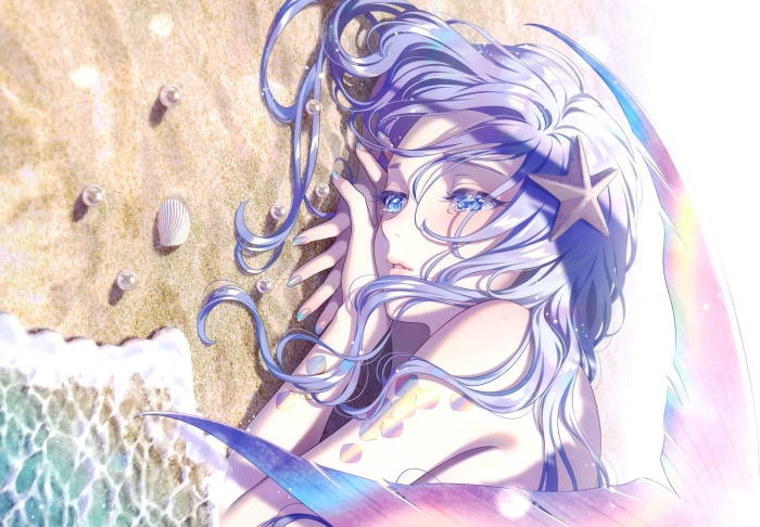 Mermaid girl lying on the beach with pearls and shells