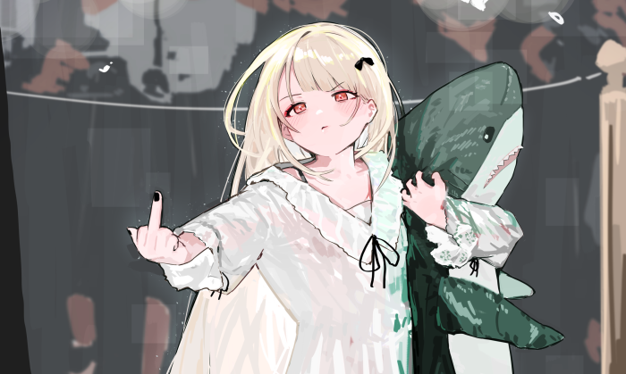 Girl with shark plushie showing middle finger
