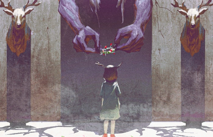 A child with deer antlers and large hands offering a small object