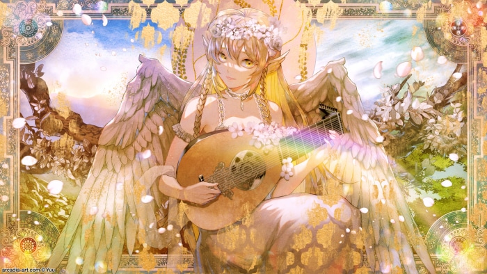 Angel playing a lute with wings and flowers