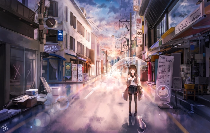 Girl with umbrella and cat on a wet street