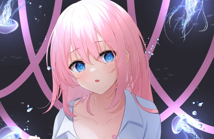 Girl with pink hair and blue eyes