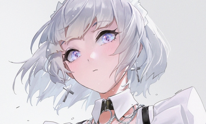 Anime girl with white hair and purple eyes