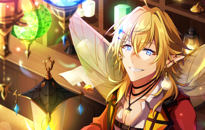 Blonde elf boy with fairy wings in a shop