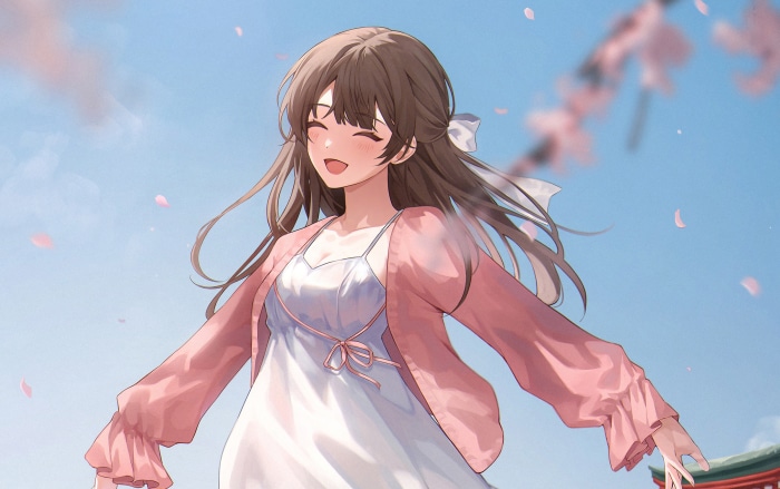 Anime girl with brown hair and pink cardigan