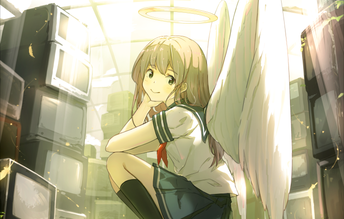 Anime girl with wings and halo sitting near TVs