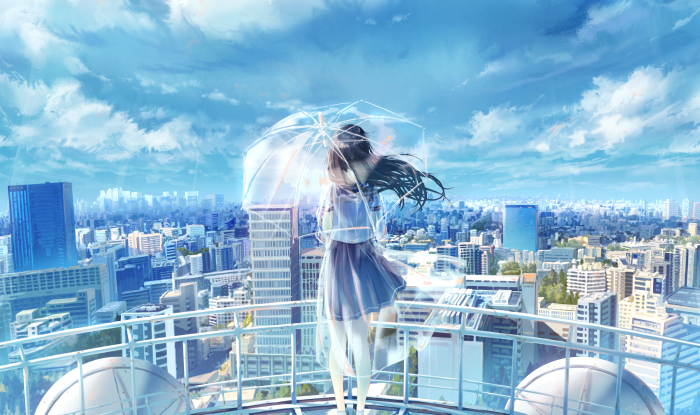 Girl with umbrella on a rooftop overlooking a city