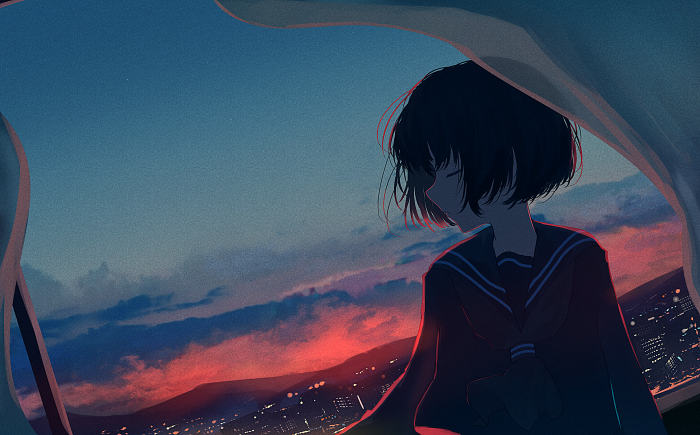 Girl in school uniform looking at city sunset