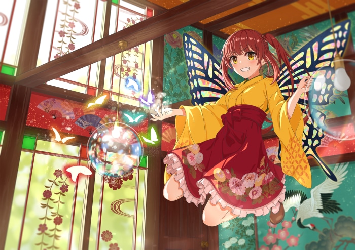Girl with butterfly wings in traditional Japanese room
