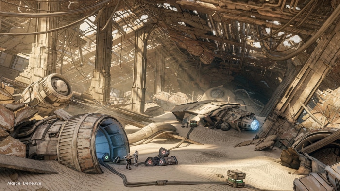 Ruined industrial interior with spacecraft debris