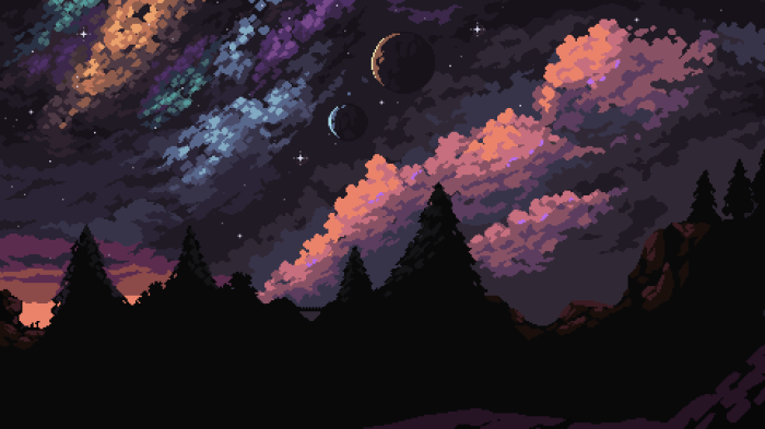 Pixel art night sky with planets and clouds over silhouetted trees