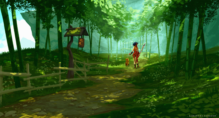 Xiangling and Guoba from Genshin Impact in a bamboo forest