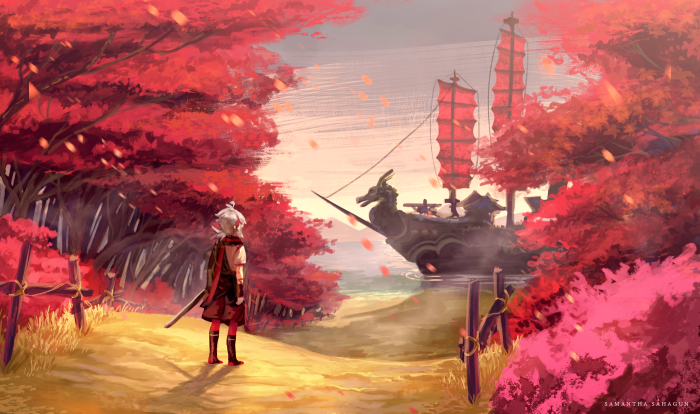 Kaedehara Kazuha from Genshin Impact with a ship