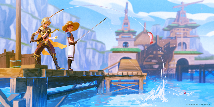 Aether and friend fishing in Liyue Harbor