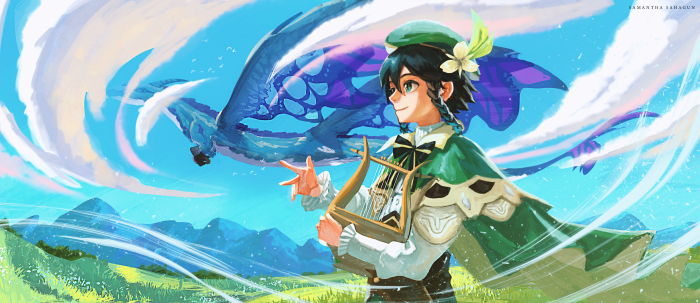 Venti from Genshin Impact playing a lyre with a dragon flying