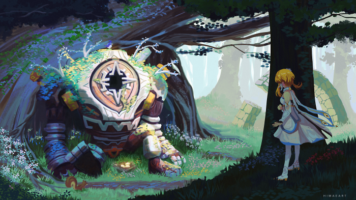 Lumine from Genshin Impact with a Ruined Golem